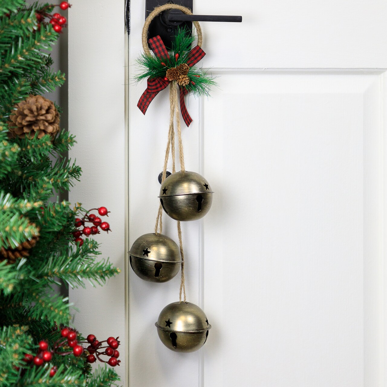 Northlight Jingle Bells with Plaid Bow Hanging Christmas Decoration - 20" - Gold